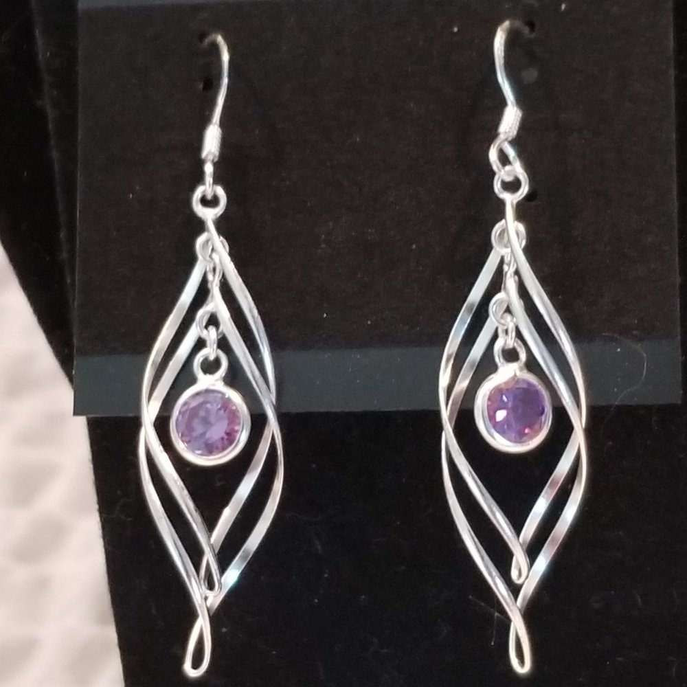 Silver and purple wire earrings Art Deco design.